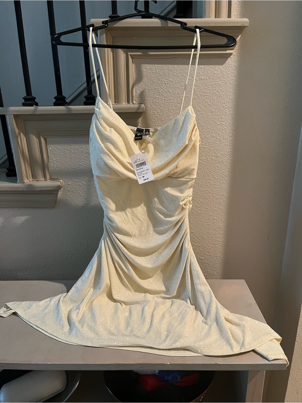 Windsor Shimmer Cowl-Neck Spaghetti Strap Dress in yellow